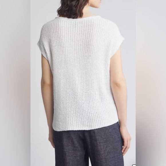 EILEEN FISHER Bateau-neck Top Cap-sleeve Sweater In White Size S Classic Casual - Picture 3 of 16